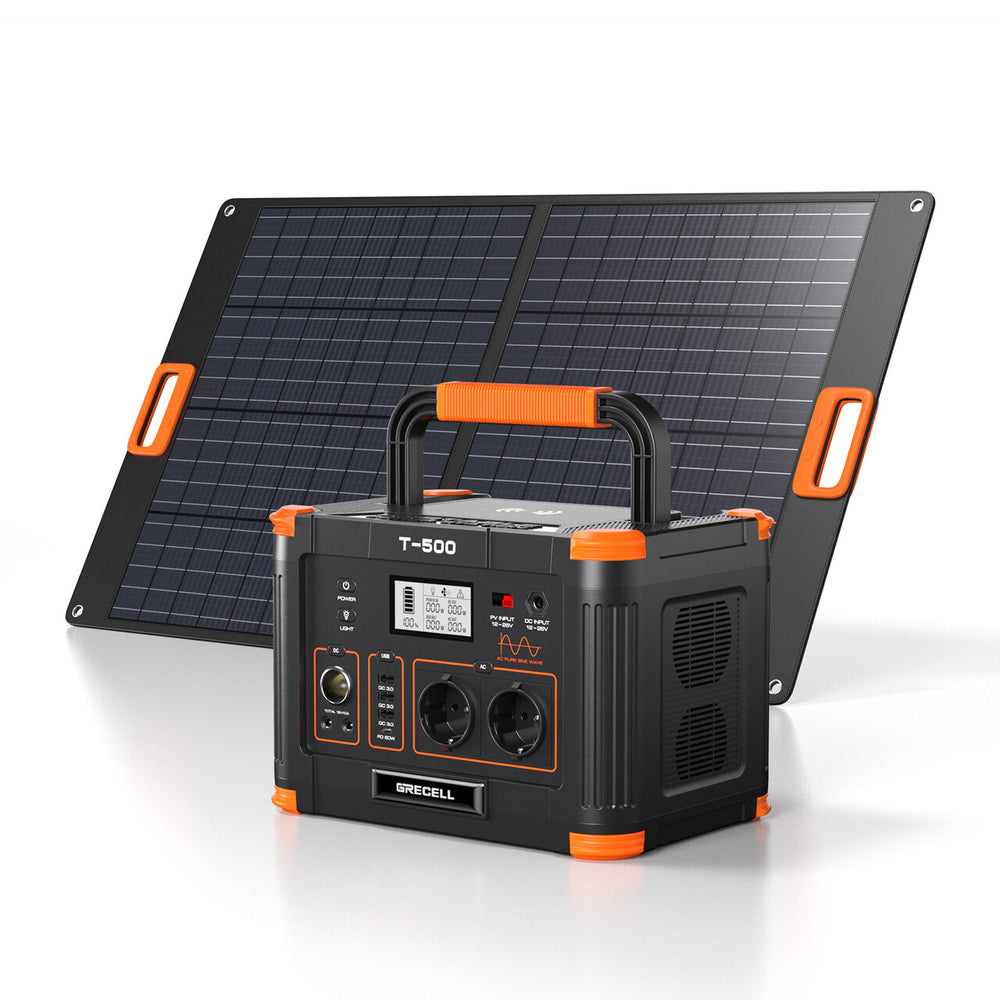 GRECELL Portable Power Station 500W with 100W Portable Solar Panel【European specification】