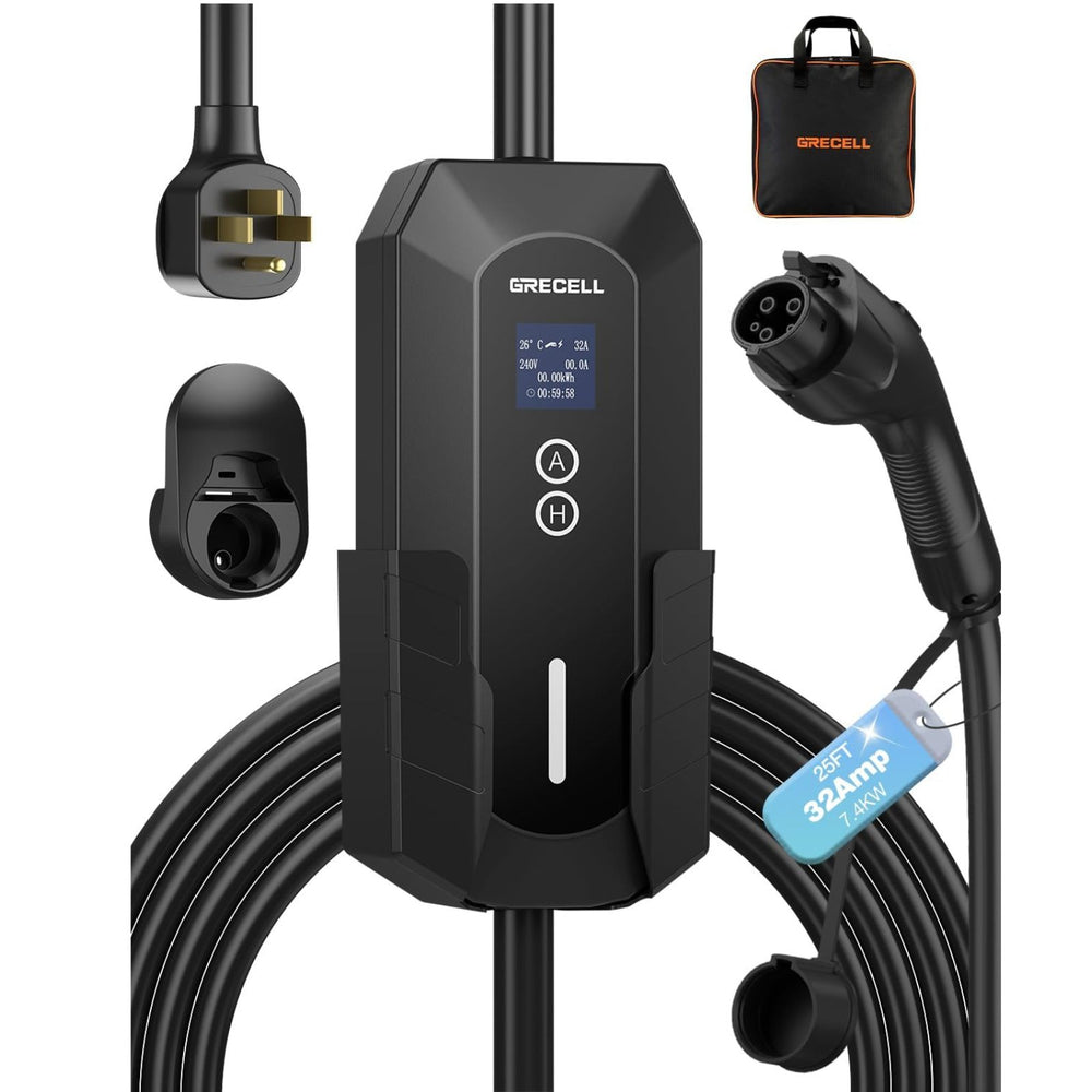 Electric vehicle charging cable set with Greccell charger and accessories on a white background