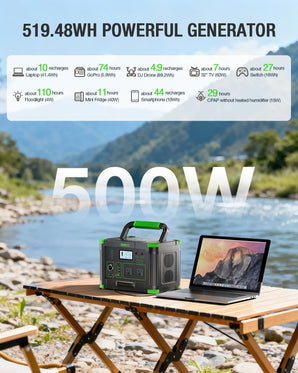 Portable Power Station 500W, 519.48Wh/140400mAh Solar Generator Backup | Lithium Battery Pack Power Supply with 2 AC Outlets, PD 60W USB-C Power Bank for Outdoor RV Camping, Home Outage, Emergency